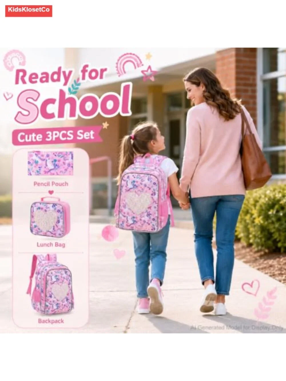 3pc Unicorn Backpack Set with Lunch Box Pencil Pouch Sequin Flip School Bag